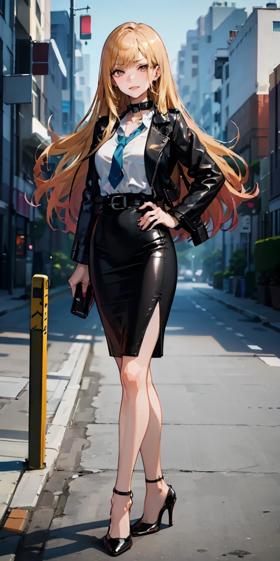 Marin Kitagawa,intenseglare,(best quality:1.6, highres), (beautiful detailed eyes:1.2), elevated, high-quality, beautiful face, 1 girl, leather pencil skirt, oversized leather jacket, blackbird, long hair, wide hips, landscape beautification, street, background, detailed background, sinister smile, angled laughter, long coat, blouse, tie, office woman, mature,((high heels)),A look of contempt,disgusting expression,((whip)),((collar)),