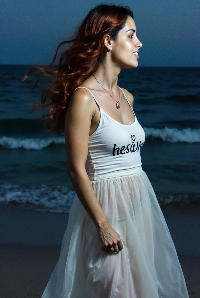 (  masterpiece ,  highest quality ), ((a 45-year-old woman, Alone, happy,  long hair)), white t-shirt written  "ArtesaNature"  in cursive and capitular font, Ismael_Edge, innocent look, bare arms, exposing shoulders, bare neck, watercolor, dress,  water, Aceno, Bikini , night, confusion, dark, sharp focus,  ocean, dress transparente, Pixie hair color flamingo 