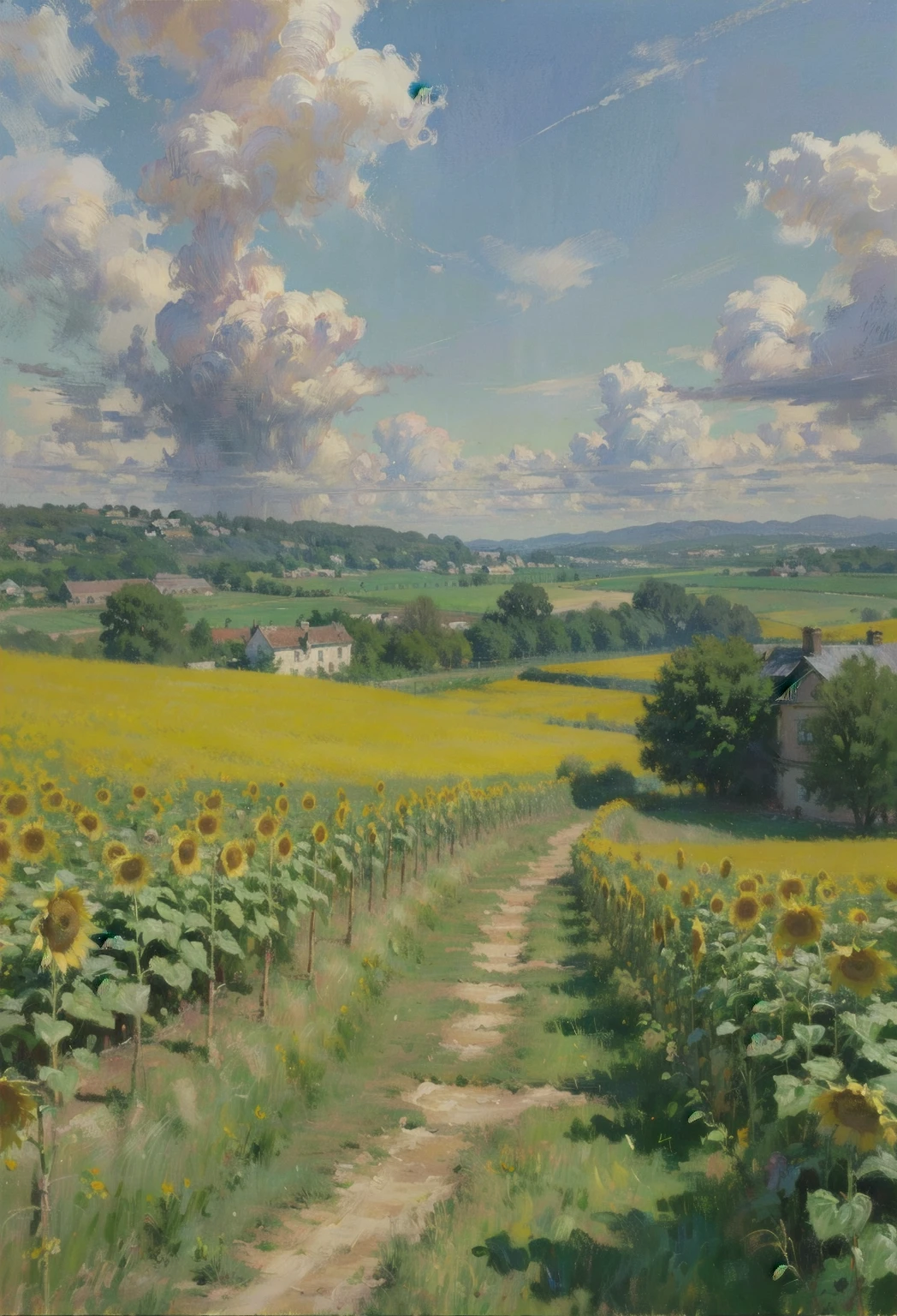  a field of sunflowers, country house,  dirt road , trees,  beautiful landscape , soft pastel oil , ( better quality ,4k,8K,highres, masterpiece :1.2), ultra-detailed ,(realistic,photorealistic,photo-realistic:1.37),outdoors,sereno,tranquil,peaceful,idyllic,Golden hour, soft lighting ,muted colors,warm tones,natural,atmospheric