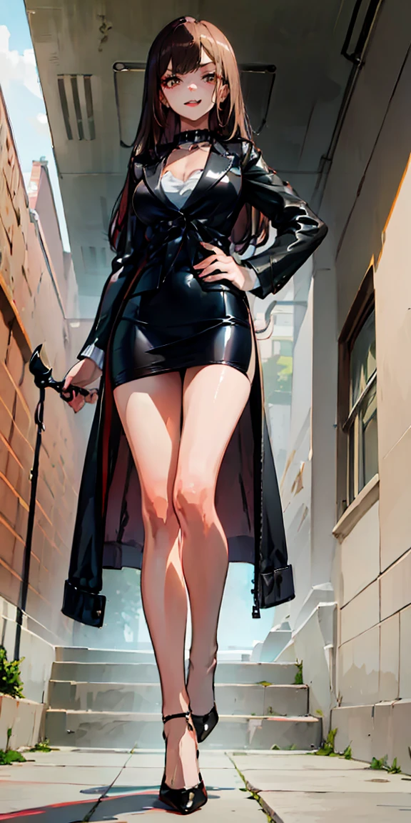 Marin Kitagawa,intenseglare,(best quality:1.6, highres), (beautiful detailed eyes:1.2), elevated, high-quality, beautiful face, 1 girl, leather pencil skirt, oversized leather jacket, blackbird, long hair, wide hips, landscape beautification, street, background, detailed background, sinister smile, angled laughter, long coat, blouse, tie, office woman, mature,((high heels)),A look of contempt,disgusting expression,((whip)),((collar)),