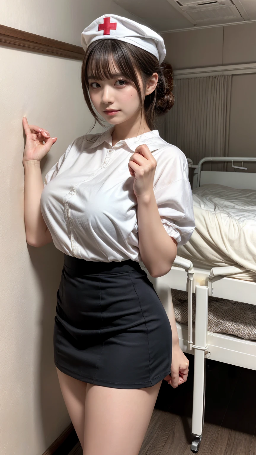 1 Girl,(Wearing white nurse clothes:1.2),(RAW Photos, Highest quality), (Realistic, photo-Realistic:1.4), masterpiece, Very delicate and beautiful, Very detailed, 2k wallpaper, wonderful, finely, Very detailed CG unity 8k wallpaper, Very detailedな, High resolution, Soft Light, Beautiful detailed girl, Very detailed eyes and face, Beautiful and detailed nose, finely beautiful eyes, nurse, Perfect Anatomy, Black Hair, Upstyle, nurse uniform, ((nurse cap)), Long skirt, nurse, White costume, thin, hospital, clear, White Uniform, hospital room, Neck auscultation,Bobcut