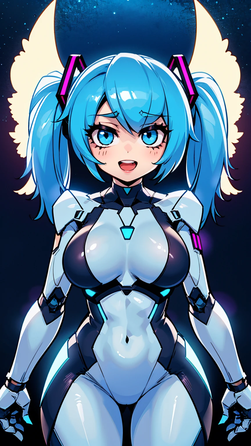 orange heart, 1girl, solo, breasts, twintails, orange hair, long hair, blue eyes, looking at viewer, power symbol, symbol-shaped pupils, bare shoulders, blush, smile, open mouth, gloves, medium breasts, elbow gloves, leotard, white gloves, dynamic pose, (outdoors), <lora:OrangeHeart:0.7>