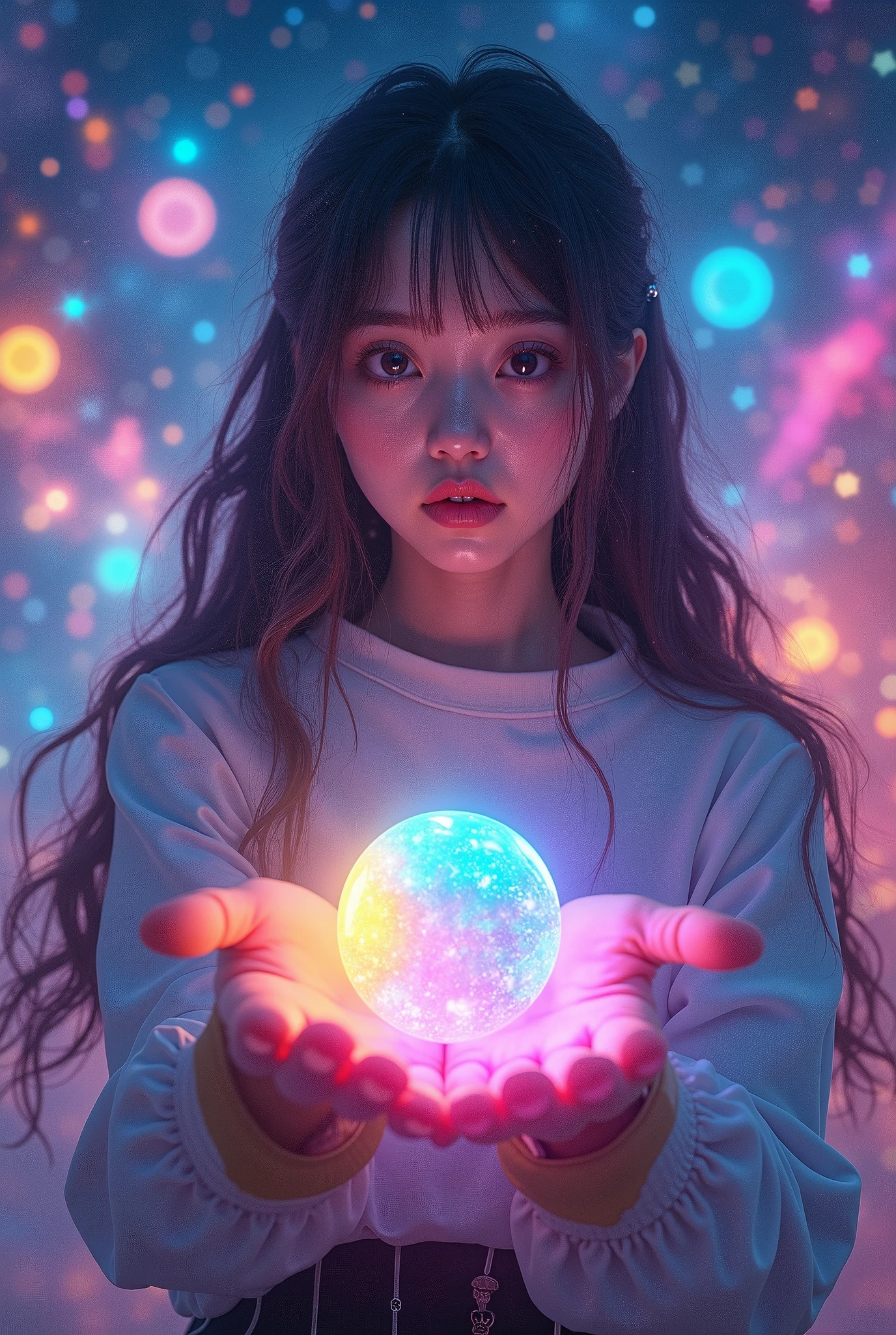 live-action ,  long hair with colorful 3D hologram spheres  ,  holding colorful 3D hologram spheres on the palm ,  dynamic and beautiful ,  surrounded by a fantastic cosmic background filled with stars and galaxies, Showcasing advanced technology and a sense of surprise ,  vibrant colors. very cute ,  1 Japanese idol , ******、 symmetrical eyes next to woman ,  eyelash ,  Extremely thin skin with great attention to detail ,perfect anatomy ( chubby,) ,