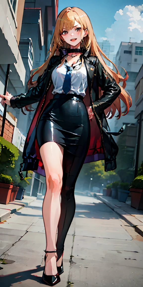 Marin Kitagawa,intenseglare,(best quality:1.6, highres), (beautiful detailed eyes:1.2), elevated, high-quality, beautiful face, 1 girl, leather pencil skirt, oversized leather jacket, blackbird, long hair, wide hips, landscape beautification, street, background, detailed background, sinister smile, angled laughter, long coat, blouse, tie, office woman, mature,((high heels)),A look of contempt,disgusting expression,((whip)),((collar)),