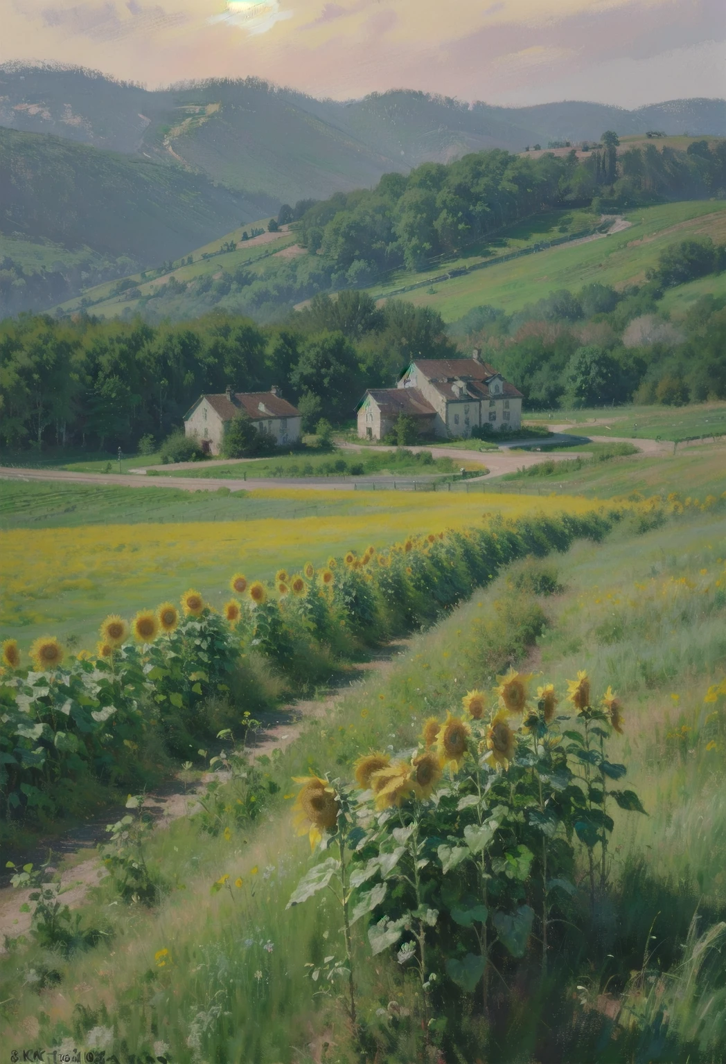  a field of sunflowers, country house,  dirt road , trees,  beautiful landscape , soft pastel watercolor, ( better quality ,4k,8K,highres, masterpiece :1.2), ultra-detailed ,(realistic,photorealistic,photo-realistic:1.37),outdoors,sereno,tranquil,peaceful,idyllic,Golden hour, soft lighting ,muted colors,warm tones,natural,atmospheric