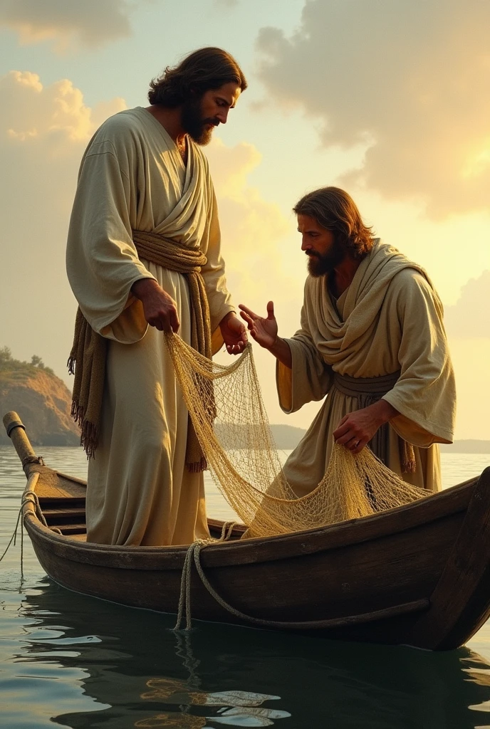 Jesus with the disciple Simon Peter in the boat playing the net - SeaArt AI