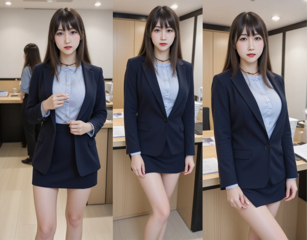  best quality、masterpiece、duo, Group photo, 若い女性が officeに立っている、Lined up photos , On the left is dressed, Wear a bra on your right side、female secretary、(  Navy Blue Jacket,  light blue shirt,  Mini Skirt), Big Breasts , ((  layered haircut ,  pie pan)),（8k，  best quality），  full body shot ，Shooting from a medium distance，  full body portrait 、 Adorable， smile:2，Long straight brown hair, Slim face,  slender body , 32K, masterpiece,  best quality,  super high resolution,  black choker ,  blue eyes, bangs、  on the décolletage very wealthy long eyelashes 、Red Lip、 long foot、 high heels、 blue eyeshadow 、((Big Breasts))、  happy expression:2,  office、desk、document