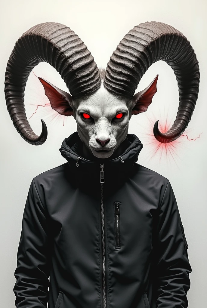 Draw a serious  in dark clothes zip jacket and a goat-style horn with a huge sickle on his back and his completely white eyes with no pupil just the left one being red and joining the ones on the sides of the horn with a ball of power and enormous energy on them