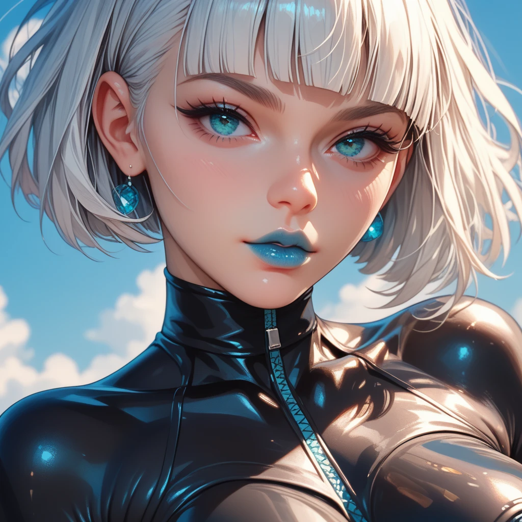 cute anime girl with short white hair, bent over, offering, very deep cleavage, clear eyes, tonned girl, parted lips, puffy lips, ultrarealistic eyes, pink lipstick, (black tight bodysuit: 1), masterpiece, (best quality:1,5), perfect lighting, very detailed, uhd, hdr, city background, big anime eyes, fix eyes, fix lips, ultrarealistic anime style