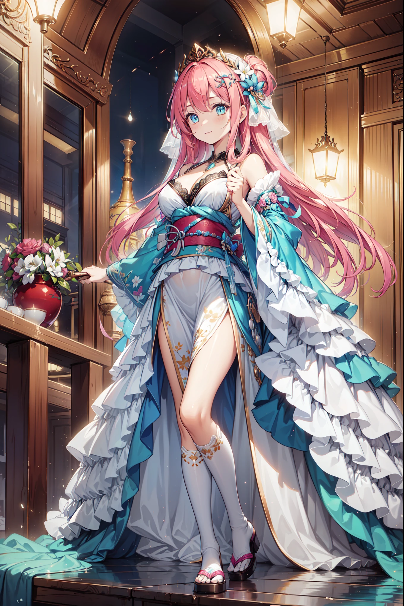 (Best quality, A high resolution, ctextured skin, high high quality, high detal,Extremely detailed CG unification),Teenage girl,obsessed,Divine happiness,Being in love,having fun,(Tiansheng Mixed Pack),with pink hair,eBlue eyes,(Fabric headdress),Maximalism,Multiple layers of delicate ruffles,Lots of lace,Multi-colored cloth,delicate embroidery,delicate patterns,Fabric headdress,dress nicely,Transparent clothes,Bedrooms,Sparkling,(Show off pussy:1.2),电影灯光,natta,the only person,Fluttering skirts,