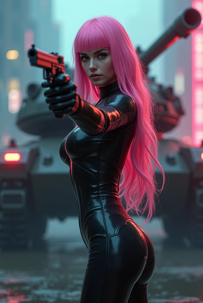 A very attractive woman with long, flowing pink hair. She is wearing a long jumpsuit. Behind her is a large tank with a neon sign that says “FMS-134” artillery woman, shooter, murderer. cyber punk. Woman with a rifle in her hand. high resolution, ultra HD, high qualiy,