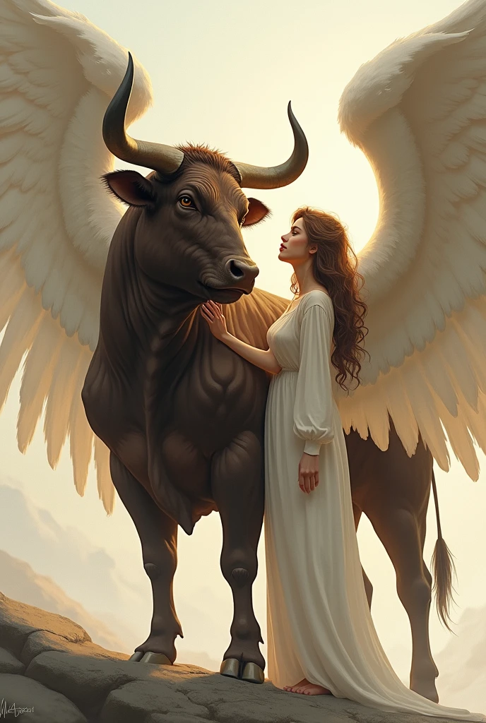 Make me the image of the Apache bull sitting with winged God