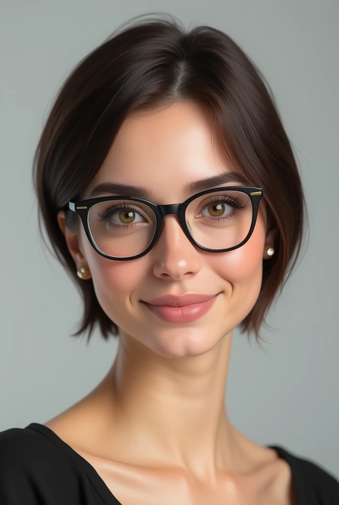 Lady girl of 55 years with a short hair , brown eyes , she is a little short ,ultra  hd , realistic,  detailed , sharpened , curvy,  booty . black hear ,silk hair , big butt , curvy booty . dots under eye , short , small lips , small nose, glasses