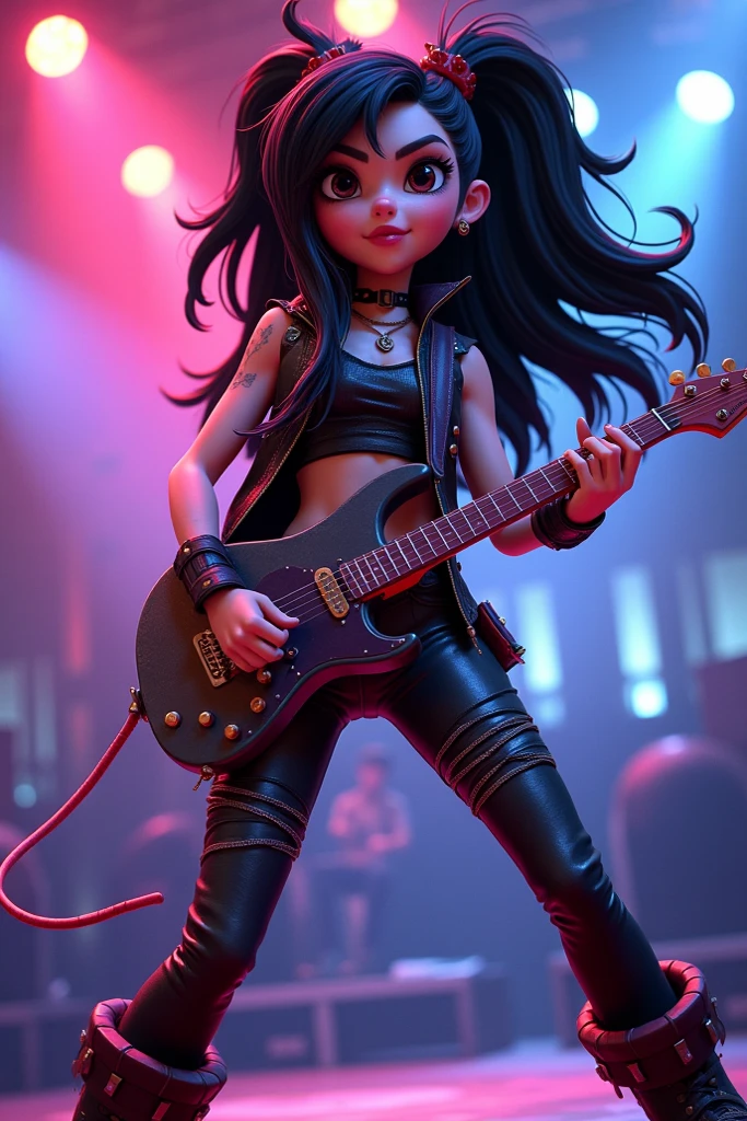 A teenager, wearing a short, voluminous blue tutu with delicate white lace, white Converse with silver stars, and a black triangular electric guitar, stands on a dark stage lit by purple neon lights and adorned with gothic graffiti of skulls and bats. She has striking blue eyes with black eyeliner, intense red lips, long black hair with an asymmetrical fringe and a bright blue streak, and a black leather jacket. She is playing her guitar and counting, with a focused expression. The background is a gothic city at night with pointed buildings and a sky full of stars and a full moon, rendered in a dramatic Disney Pixar style.