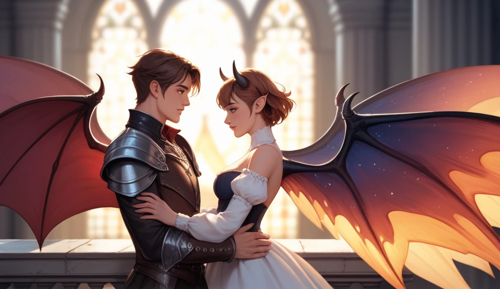 A side view of a couple gazing into each other's eyes, the man with short horns, short hair and demon wings have medieval clothes of a court, the woman as an elf with long brown hair, they are at a balcony under a gothic arc, digital art, fantasy, comic style detailed, ethereal atmosphere, soft lighting, vibrant colors, romantic setting, masterpiece, high resolution, like anime movie 90's, general shot, full size bodies show, full wings size show mandatory, show big angular shot cinematic, Wide-angle