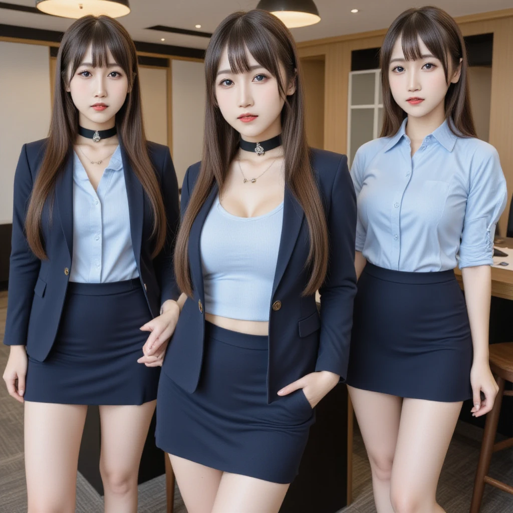  best quality、masterpiece、duo, Group photo, 若い女性が officeに立っている、Lined up photos , On the left is dressed, Wear a bra on your right side、female secretary、(  Navy Blue Jacket,  light blue shirt,  Mini Skirt), Big Breasts , ((  layered haircut ,  pie pan)),（8k，  best quality），  full body shot ，Shooting from a medium distance，  full body portrait 、 Adorable， smile:2，Long straight brown hair, Slim face,  slender body , 32K, masterpiece,  best quality,  super high resolution,  black choker ,  blue eyes, bangs、  on the décolletage very wealthy long eyelashes 、Red Lip、 long foot、 high heels、 blue eyeshadow 、((Big Breasts))、  happy expression:2,  office、desk、document