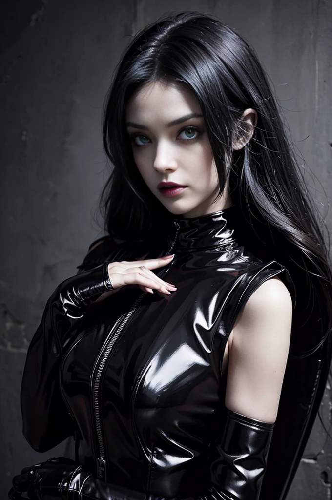 Skin-tight black bodysuit, Volumetric lighting、Highly detailed face、One girl、Exposed thighs、Exposed buttocks、(Accentuate small breasts)、、dark、Deep Shadow、Low Key、Hair length、Gray Hair、Top view