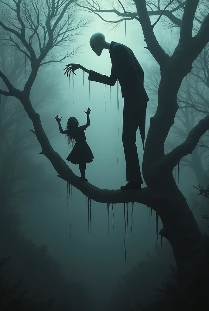 ((best quality: 0.8)), ((masterpiece)), (detailed),
 1girl, child, long brown hair, light blue eyes, blood-stained white dress, blood-stained face, holding a white teddy bear, dirty white socks, dark forest, slenderman behind, death, crescent moon