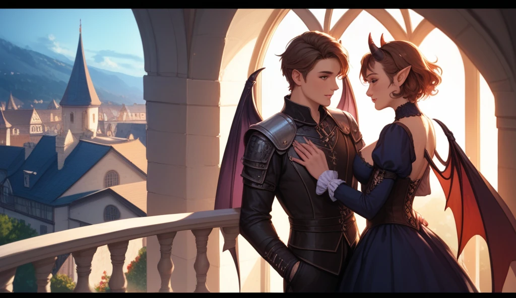 A side view of a couple gazing into each other's eyes, the man with short horns, short hair and demon wings have medieval clothes of a court, the woman as an elf with long brown hair, they are at a balcony under a gothic arc, digital art, fantasy, comic style detailed, ethereal atmosphere, soft lighting, vibrant colors, romantic setting, masterpiece, high resolution, like anime movie 90's, general shot, full size bodies show, full wings size show mandatory, show big angular shot cinematic, Wide-angle