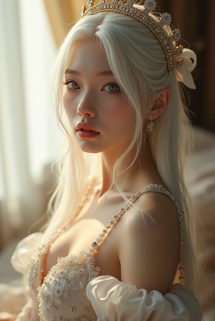 Beautiful Korean Goddess, gorgeous korean goddes, blue eyes, red eyelid, thick eyeliner, white long hair, white eyebrow, red lips, pale white skin, very beautiful face, smiles,sweet smile, sweetness, flowers ornaments, Naked, small breast, nipple, beautiful body, white skin, skinny body, amazing goddess, Divine goddess, amazing, best quality, highly detailed, masterpiece, hyper realistic, ultra resolution, 8k