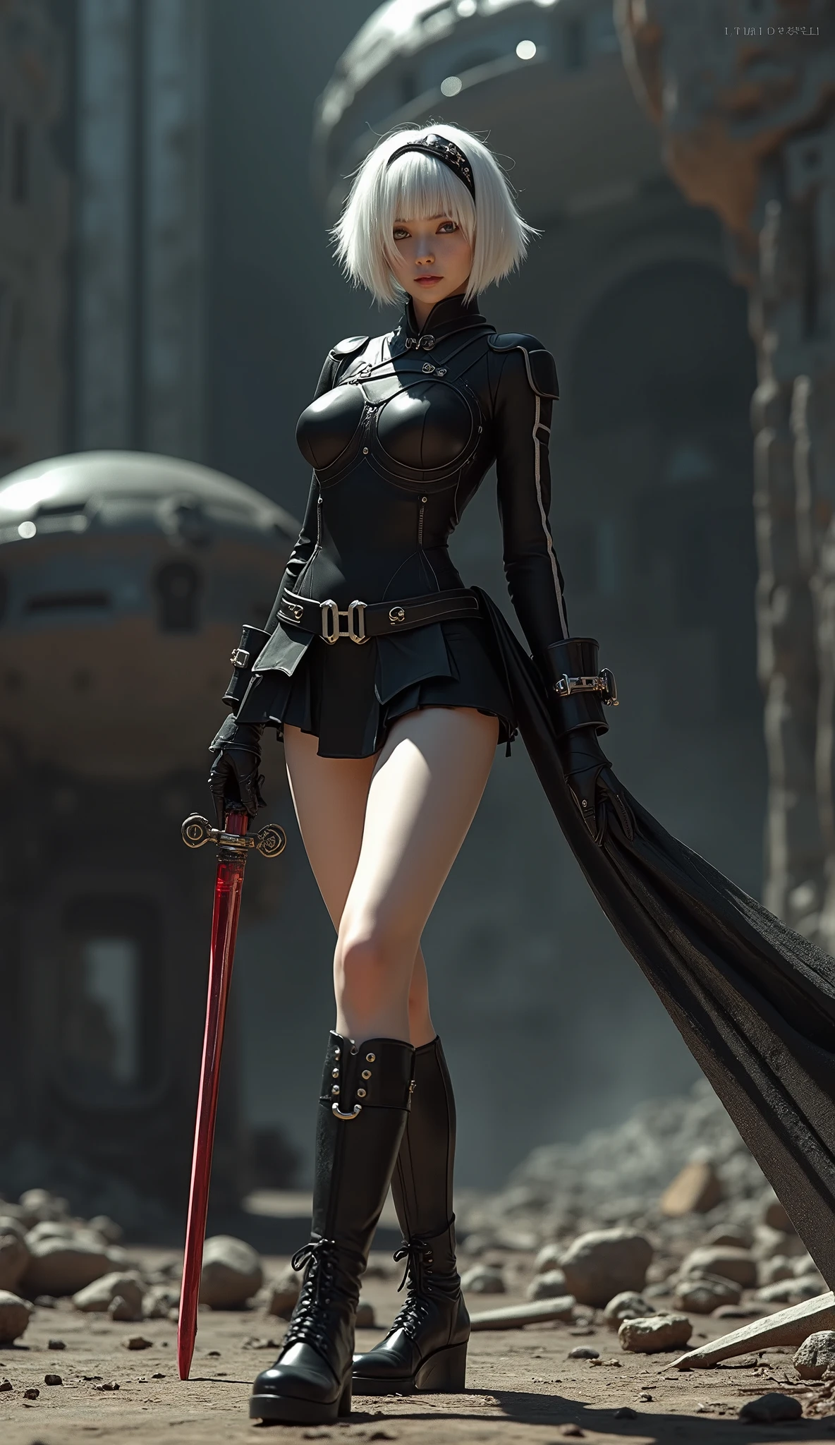  best quality、16K high resolution、 super detailed、masterpiece、( live shooting )、( photorealistic tempting auditionists)、( hyperrealism )、Sharp focus、 very delicate and beautiful、 fine detail、NieR Automata, Yoruha no.2 type b live-action version ,  black short dress,  Mini Skirt,  spread your legs,  panties on the desk, ( white panties),  BLACK LONG BOOTS ,  black hair band,  beautiful face,  blue eyes, In the ruins of a big city, Remains of large machinery, Battle against machine lifeforms,  full body shot, 1 Female, I have a Japanese sword, Alone, Beautiful European,   short white hair ,  detailed background,  depth of writing,  Volumetric Lighting 