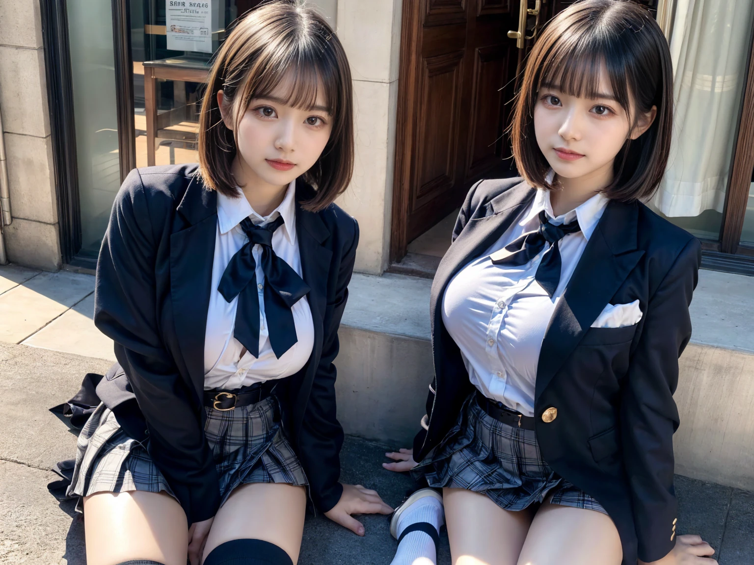 (8K, Raw photography, top-quality, masterpiece:1.2), muster piece, best quality, illustration, Super detailed, fine details, High resolution, 8K,wall paper, perfect dynamic composition,(Details High quality, realistic depiction of eyes:1.3), ((2 girls, 2 schoolgirls)), The background is a luxury hotel room、High school girl uniform、blazer 、Super Short Check Uniform Skirt、Navy blue high socks、garterbelts、Colossal tits、Disturbed uniform, Play with each other,Touching each other's bodies,Touching the body of the girl next door, short bob hair, black hair color, huge breasts, Big Natural Color Lip, bold sexy pose, (perfect body shape), crying a little、cold gaze, Harajuku style、Beautiful makeup,glitter makeup,Cutest 18 years old、 beautiful legs, hposing Gravure Idol, Voluptuous thighs