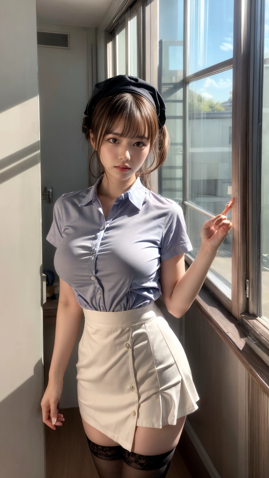 1 girl, masterpiece,bright, girl sitting on her knees in class, in office skirt, slender legs, short hair braided, blonde hair, Large thighs, big breasts, the skirt is lifted up and panties are visible, Beautiful face,in a loose short T-shirt