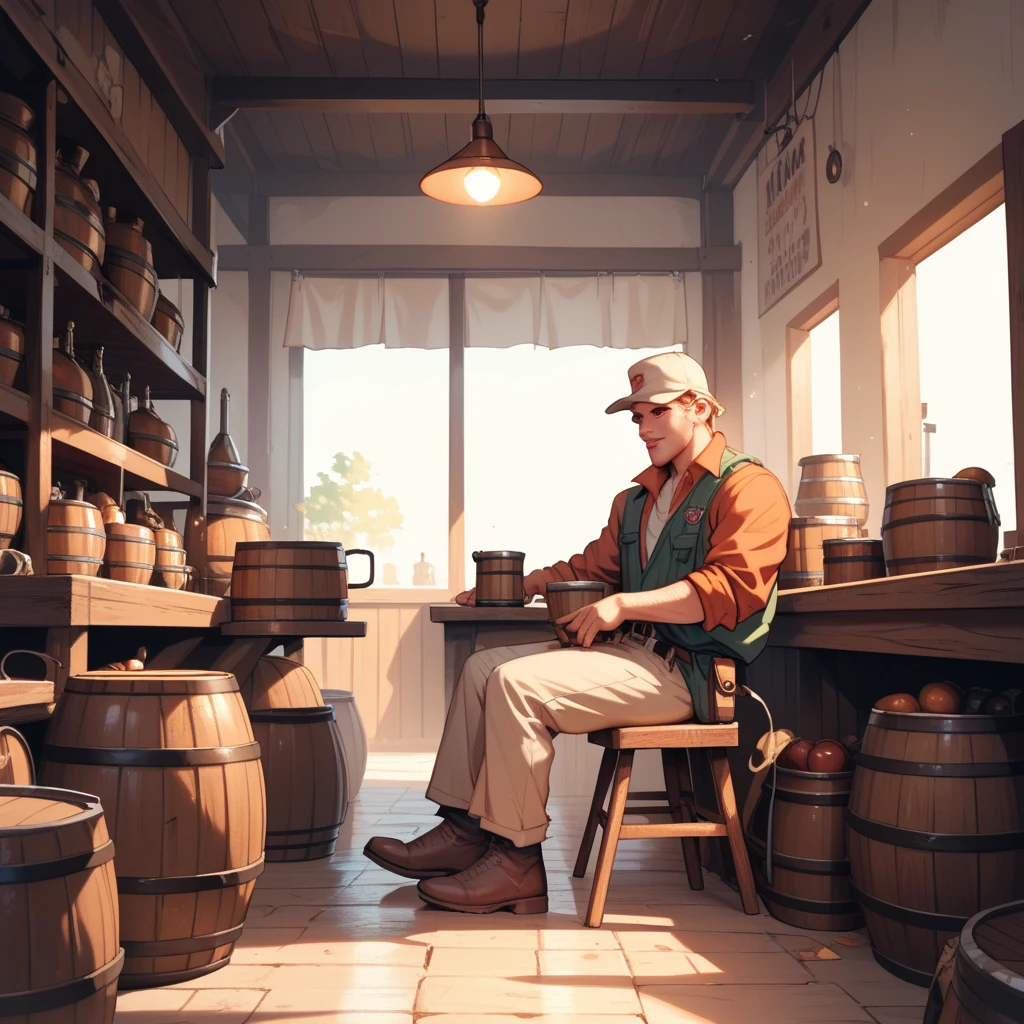 A gunman sitting on a barrel.

light background, contrast, orange and red.

Style: Frank Frazetta.