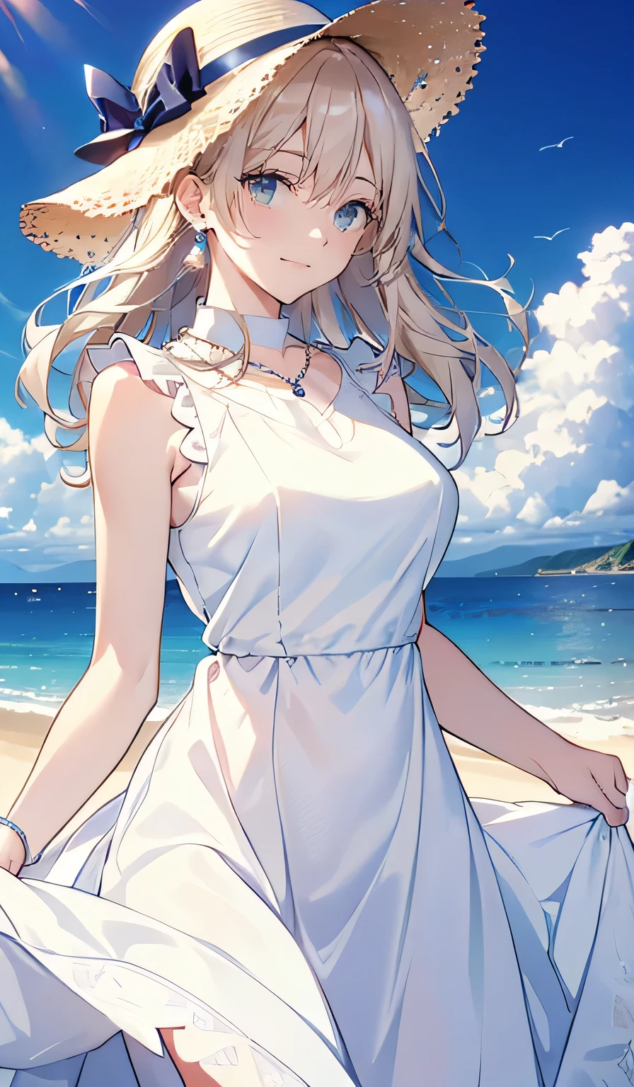 pretty girl, Blond hair blown by the wind, glowing blue eyes, actual, masterpiece, high detail, 4k, beach background, high detail light, small smile, White skin,plump breasts ,V-neck low-cut white dress,full body in camera