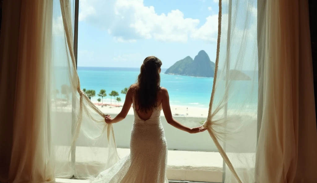 rap video music cinematic scene, beautiful brown skin Mexican girl with huge round ass in white dress looking at the ocean view at the balcony of a luxury hotel located in a tropical island, blue sky, 4k cinematic