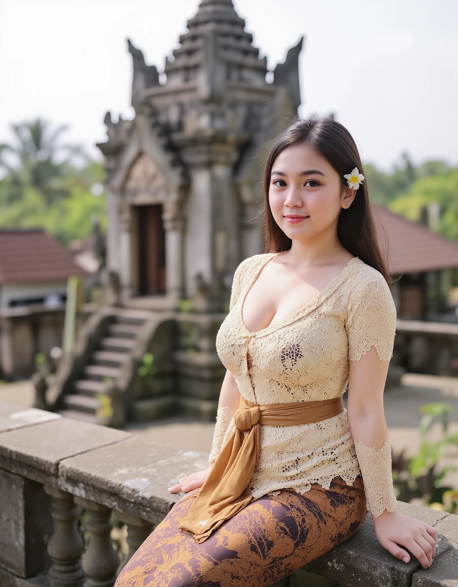 a beautiful Indonesian woman in hijab, sexy curvy body, big breast, mini jasmine flower on her hijab, long sleeve unbuttoned lace nude kebaya_bali, sitting on the rock infront of hindu temple as background details. look at the viewer, natural light realistic photography, wide angle shot,