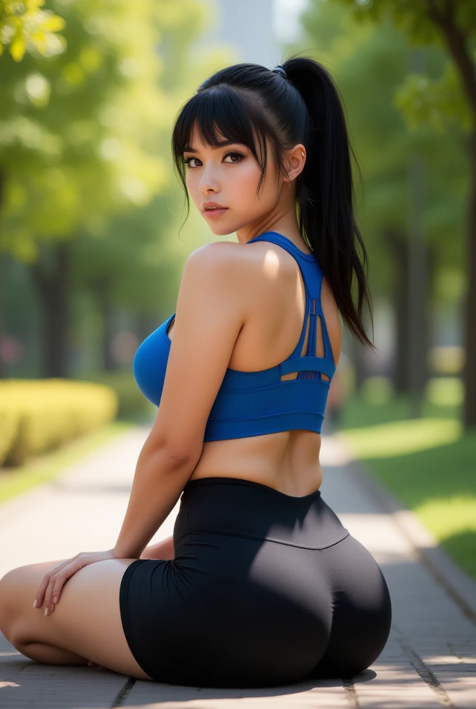 A 24 years old woman with an curvy body, thick thighs and huge butt. She has black hair with a himecut fringe and ponytail. She sits on her knees outdoors in a sunny park surrounded by green trees and bushes. Her back is to the viewer, her head is slightly tilted back and she looks over her shoulder, displaying a slightly breathless and surprised expression. Her skin is glistening with beads of sweat, suggesting that she has just finished exercising. She is wearing a blue sports bra and tight black shorts, highlighting her athletic and toned posture.
