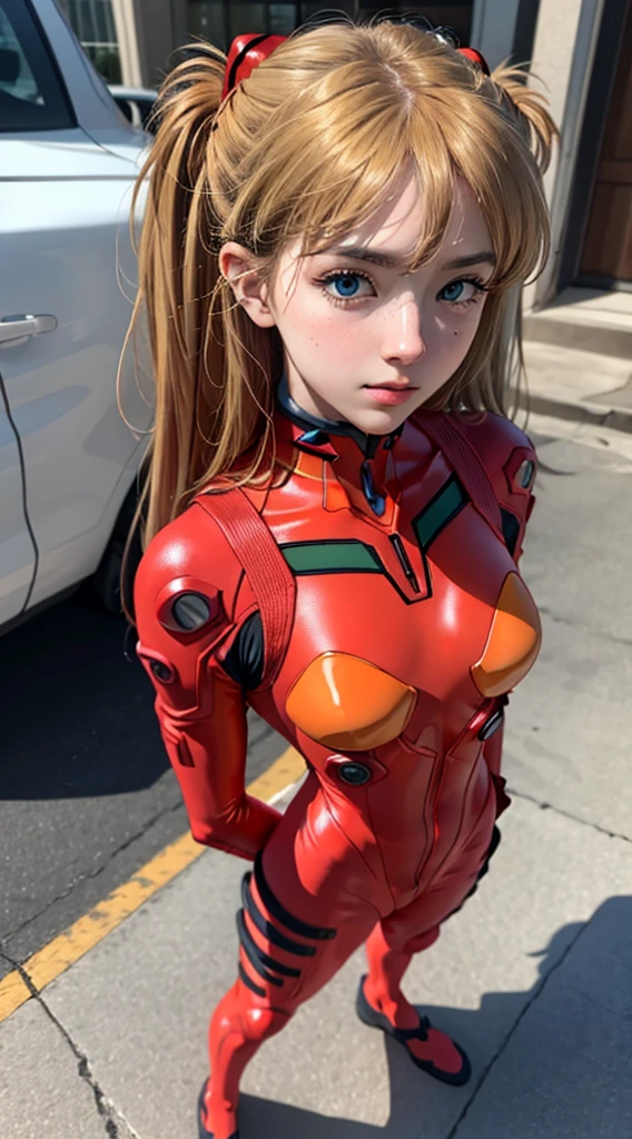 (  Masterpiece : 1.4,   best quality ), ( complex details), Unity8k wallpaper,  super detailed, beautiful and mysterious ,  detailed background, Realistic, Alone,  perfectly detailed face ,  Detailed Blue Eyes ,  very detailed, ,  hair ornament,  Chignon Mahogany Hair , ( blonde hair), Plugsuit 02,  Shikinami Asuka Langley ,  evangelion, Slender  girl, Full Body Suit,  black background, Above the waist