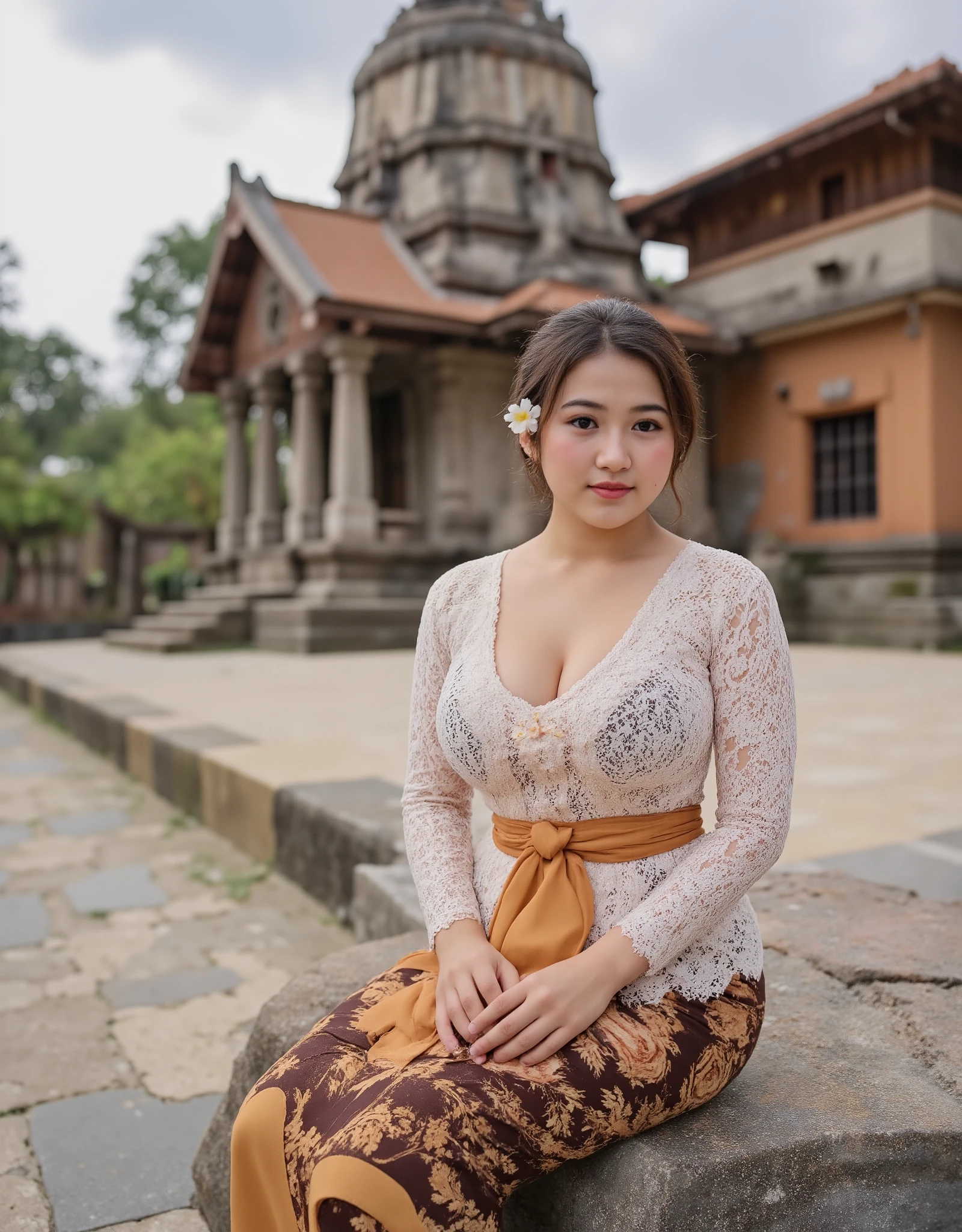 a beautiful Indonesian hijab girl, ((wearing hijab)), sexy curvy body, big breast, mini jasmine flower on her hijab, long sleeve unbuttoned lace nude kebaya_bali, sitting on the rock infront of hindu temple as background details. look at the viewer, natural light realistic photography, wide angle shot,