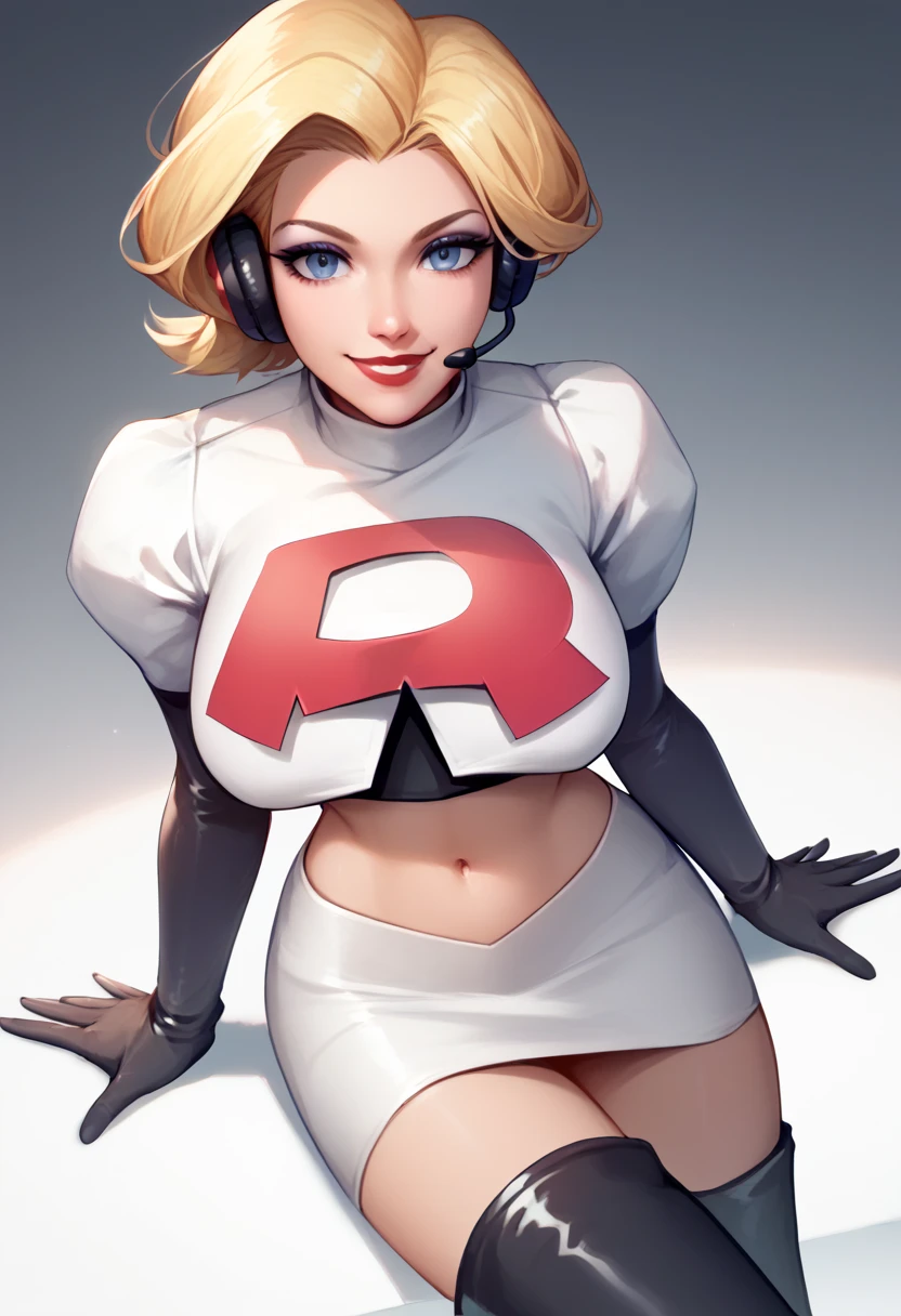 The face of Lady Gaga, 1girl, solo, Team rocket, team rocket uniform, red letter R, white skirt,white crop top,black thigh-high boots, black elbow gloves, headset, large breasts, sexy pose, smile