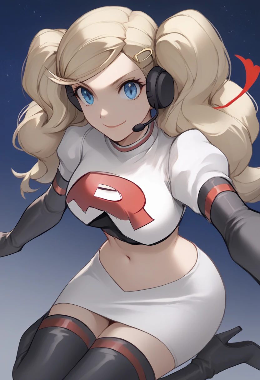 Team rocket, team rocket uniform, red letter R, white skirt,white crop top,black thigh-high boots, black elbow gloves, evil smile, night sky background, headset, large breasts, high-heeled boots, Ann Takamaki, blonde hair, twintails