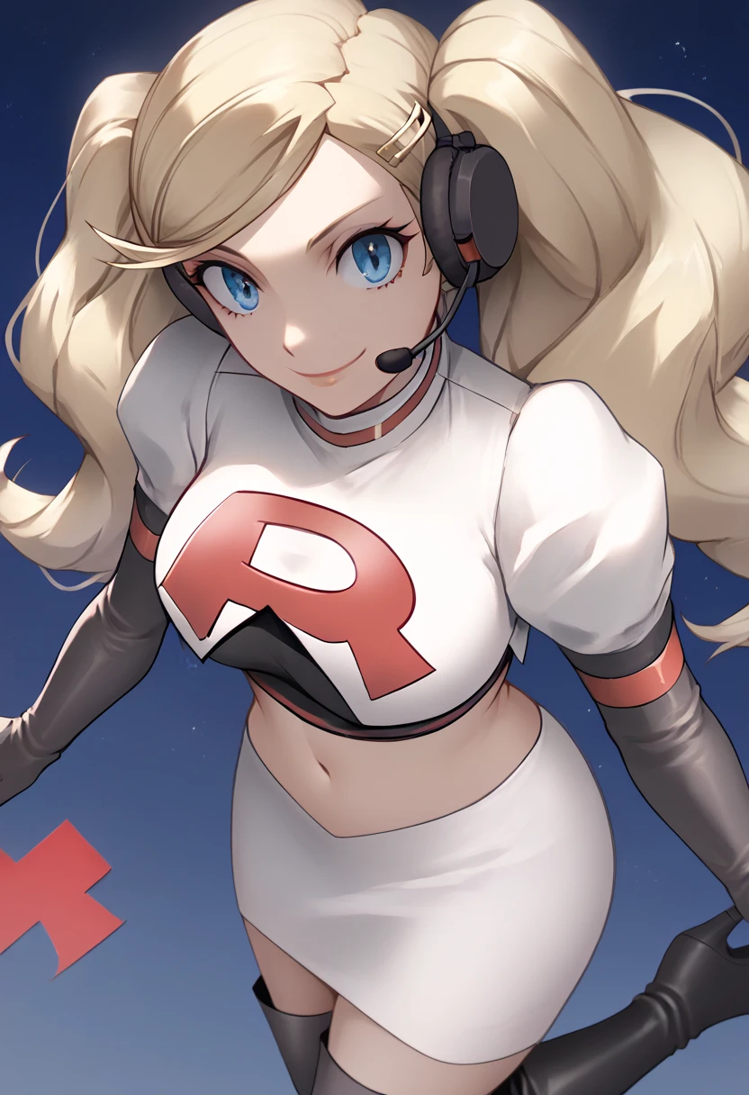 Team rocket, team rocket uniform, red letter R, white skirt,white crop top,black thigh-high boots, black elbow gloves, evil smile, night sky background, headset, large breasts, high-heeled boots, Ann Takamaki, blonde hair, twintails