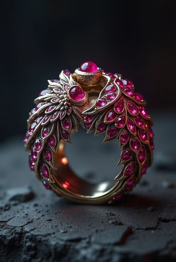 Ring with folded phoenix wings encrusted with rubies