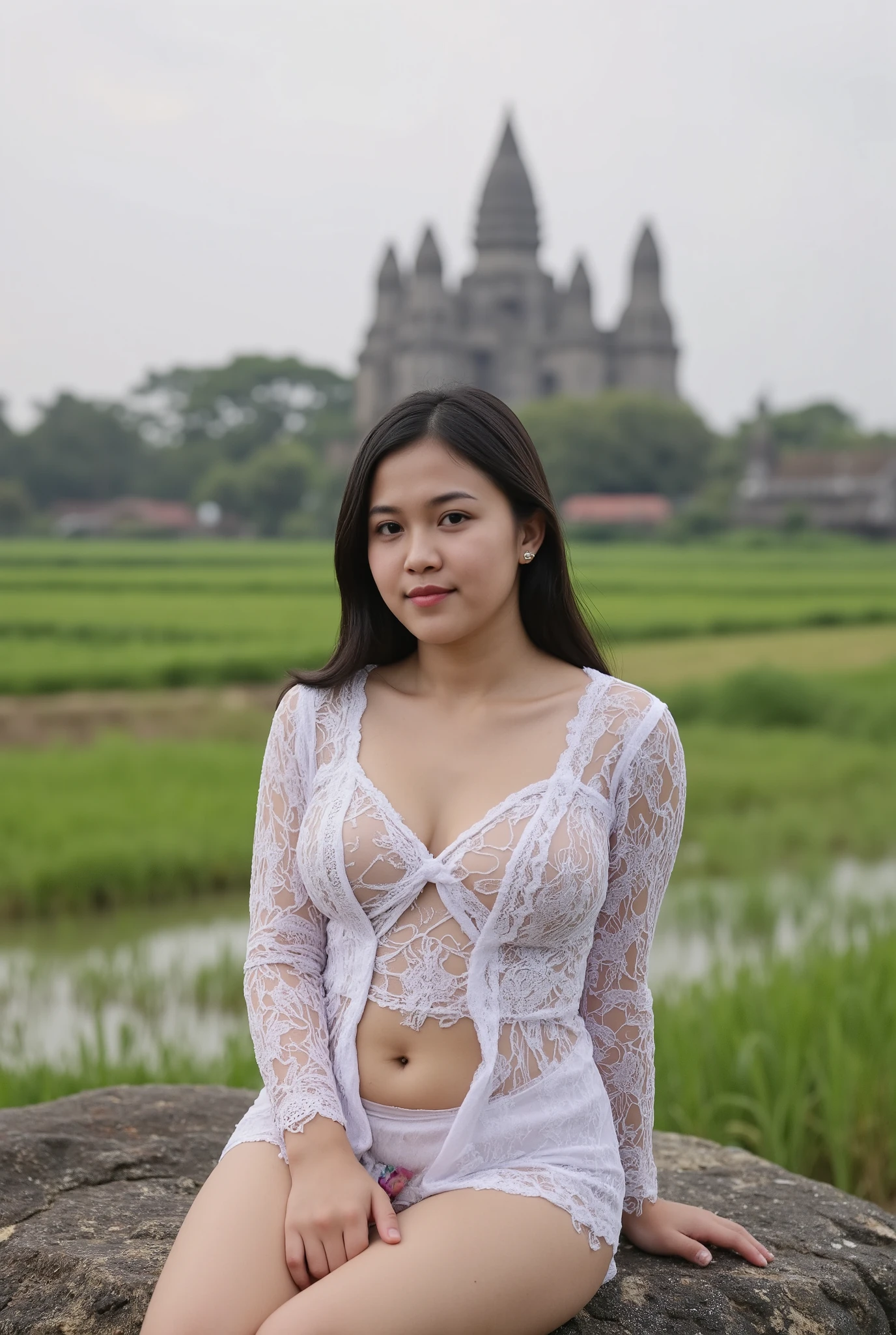 indonesian girl wearing full hijab, 18 years old, white skin, big saggy breast, slim body, see through open bust transparent lace kebaya , pussy exposed, thigh high, nude skin, sitting on the rock infront of hindu temple as background details. look at the viewer, natural light realistic photography, wide angle shot,