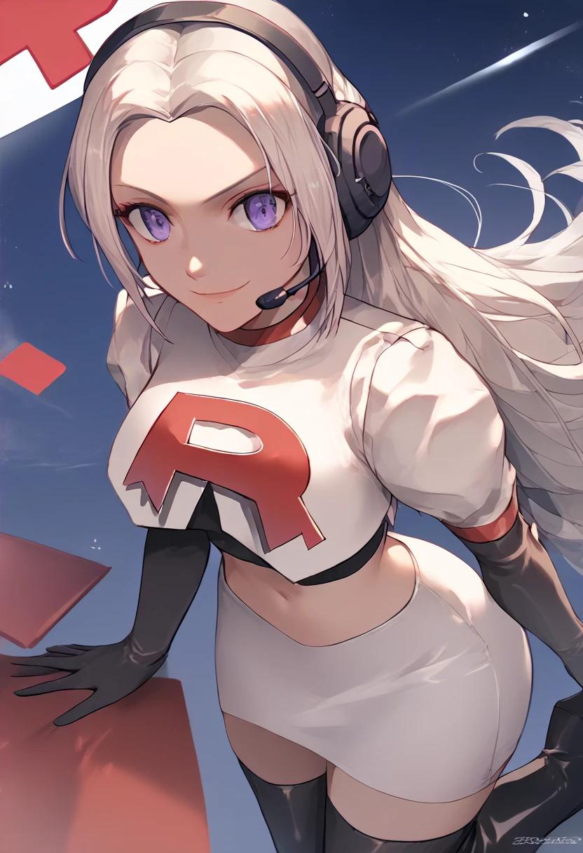 Team rocket, team rocket uniform, red letter R, white skirt,white crop top,black thigh-high boots, black elbow gloves, evil smile, night sky background, headset, large breasts, high-heeled boots, Edelgard, white hair, purple eyes