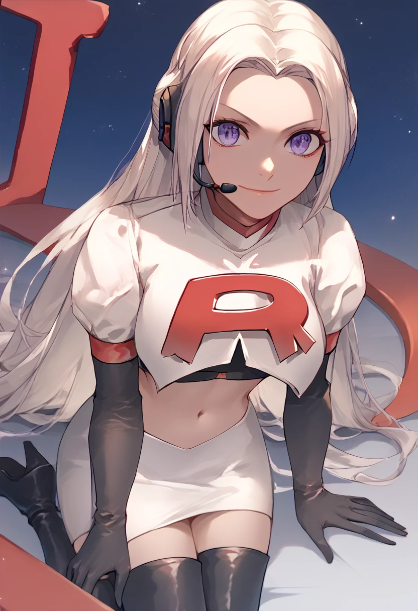 Team rocket, team rocket uniform, red letter R, white skirt,white crop top,black thigh-high boots, black elbow gloves, evil smile, night sky background, headset, large breasts, high-heeled boots, Edelgard, white hair, purple eyes