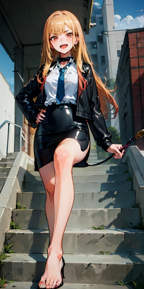 Marin Kitagawa,intenseglare,(best quality:1.6, highres), (beautiful detailed eyes:1.2), elevated, high-quality, beautiful face, 1 girl, leather pencil skirt, oversized leather jacket, blackbird, long hair, wide hips, landscape beautification, street, background, detailed background, sinister smile, angled laughter, long coat, blouse, tie, office woman, mature,((high heels)),A look of contempt,disgusting expression,((whip)),((collar)),Smirk, blush, open mouth, sit on stairs, legs, focus on legs, feet, bare feet, (five toes 1.5), high heel soles,