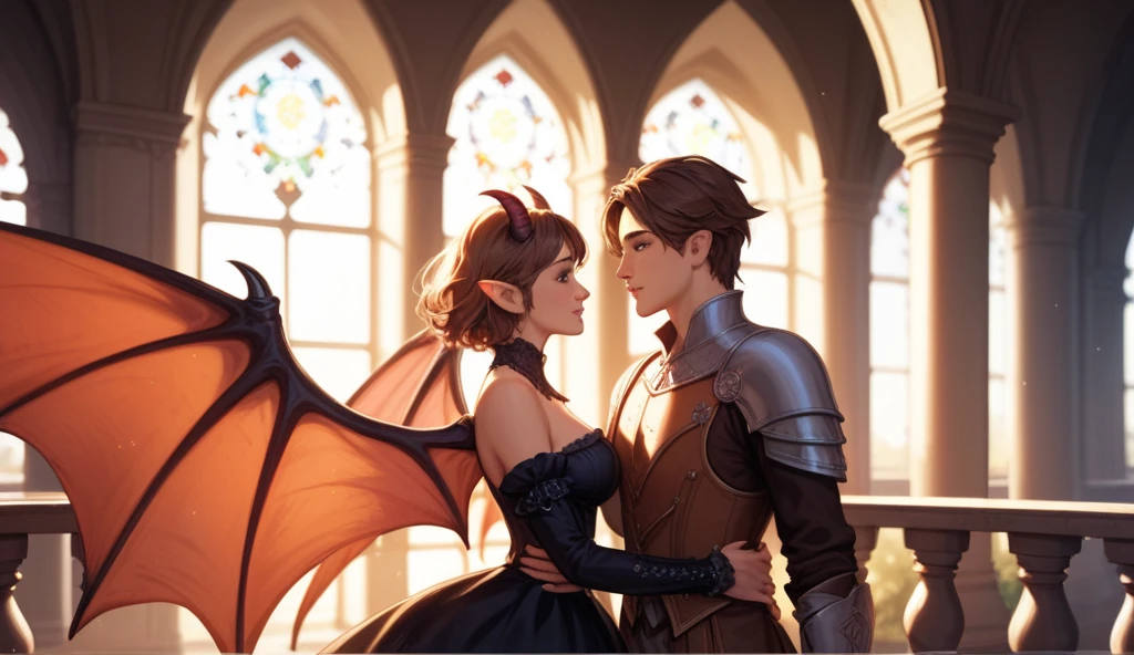 A side view of a couple gazing into each other's eyes, the man with short horns, short hair and demon wings have medieval clothes of a court, the woman as an elf with long brown hair, they are at a balcony under a gothic arc, digital art, fantasy, comic style detailed, ethereal atmosphere, soft lighting, vibrant colors, romantic setting, masterpiece, high resolution, like anime movie 90's, general shot, full size bodies show, full wings size show mandatory, show big angular shot cinematic, Wide-angle