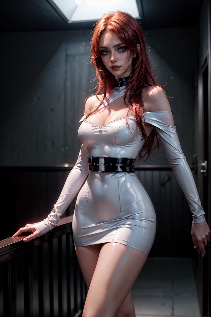 lora_Emma, a girl with long messy red hair, blue eyes, freckles, ((high fashion white colored off-shoulder latex mini-dress)), (high fashion ultra tight fitting white latex arm sleeves), (high fashion red waist belt), (high fashion latex collar), bare legs, both hands on hips, detailed facial features, cleavage, hair over one eye, beautiful eyes, cute expression, glamorous makeup, ultra dark eyeliner, dark eye shadow, long and slim, skinny, dramatic lighting, photorealistic, highly detailed, 1girl, beautiful detailed eyes, beautiful detailed lips, extremely detailed eyes and face, long eyelashes, high fashion, edgy, dark and moody, intense, cinematic, chiaroscuro lighting, cinematic composition, stunning, mesmerizing, sunlight, dynamic pose, cinematic lighting, photorealistic, 8k, high quality, digital painting, concept art, cowboy shot, standing in empty home