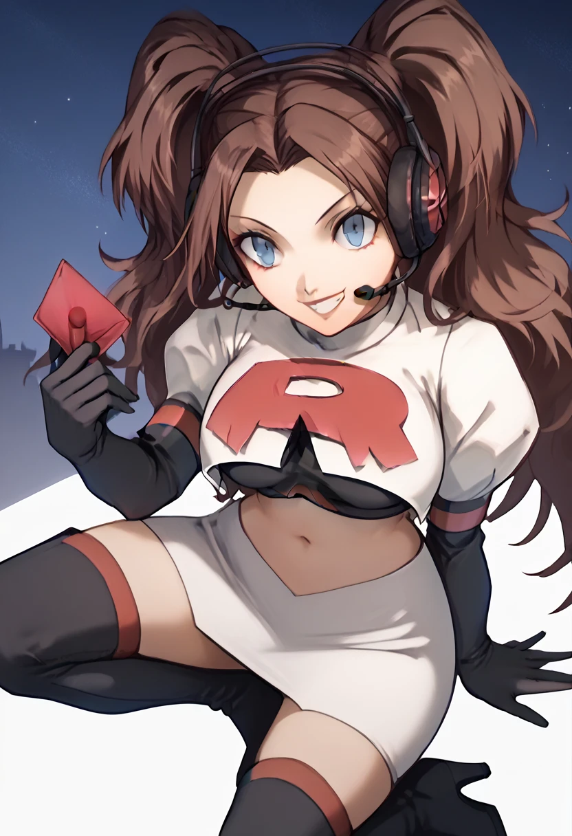 Team rocket, team rocket uniform, red letter R, white skirt,white crop top,black thigh-high boots, black elbow gloves, evil smile, night sky background, headset, large breasts, high-heeled boots, rise kujikawa, brown hair, twintails