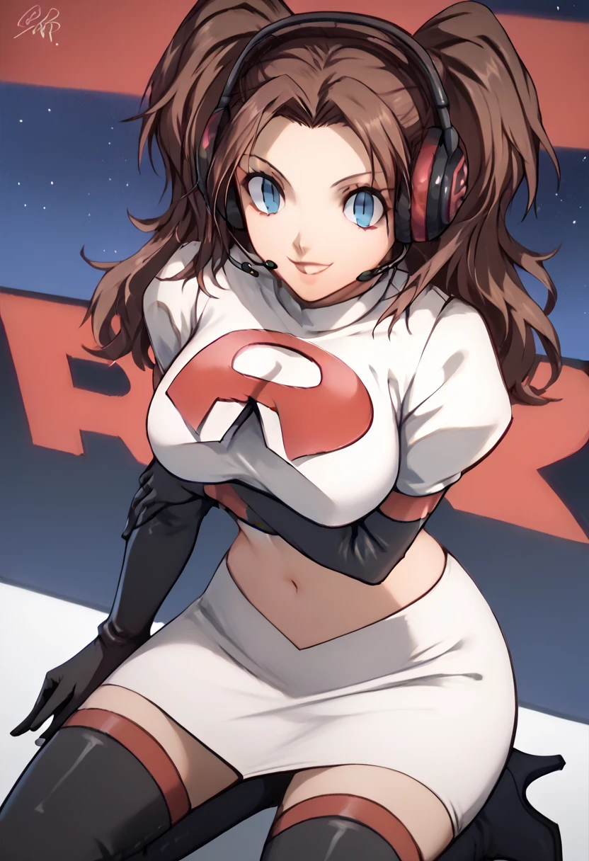 Team rocket, team rocket uniform, red letter R, white skirt,white crop top,black thigh-high boots, black elbow gloves, evil smile, night sky background, headset, large breasts, high-heeled boots, rise kujikawa, brown hair, twintails