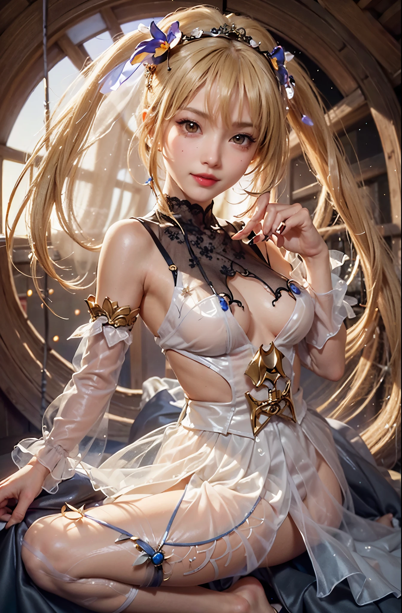 ((realistic:1.5,Beautiful girl RAW photo)),high angle,from above,cleavage,((masterpiece, highest resolution,best quality)), (beautiful illustration), ((1girl,cute,young,semi long beautiful siver blonde hair,blunt bangs,beautiful eyes)),(solo),(beautiful elegant office blouse and black skirt),(looking at the viewer), (walking around the flower park),
innocent smile, white over-kneehighs,Lace chalker, wristband, fingerless gloves, over-kneehighs,
Lace chalker, diamond necklace,wristband, fingerless gloves, earrings, cinematic lighting, flower park,big city,busy street,day,blue sky,flowers and trees,crowded,