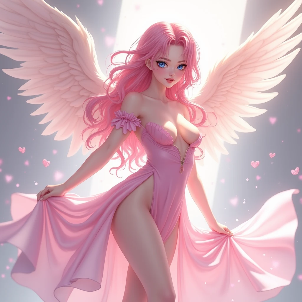 1 angel, (angel wings:1.1), champagne garnet eyes, halo, long hair, (light smile:0.9), (parted lips:0.9), cute, medium breasts, navel, (collarbone:0.9), thighs, corsage, feathers short pelvic curtain, feathers breast curtains, (leaning forward:1.1), arms behind back, (head tilt:1.1), soaring feathers, light rays, pink morning glow, windy, in vast plains, (pink atmosphere:1.1), sharp focus, looking at viewer, cowboy shot, (rose pink tone:1.2), (white tone:0.8), illustration, (anime coloring:1.1), BREAK (masterpiece:1.2), (best quality:1.2), newest, (intricate details:1.2), (art inspired in Bill Sienkiewicz). oil painting)