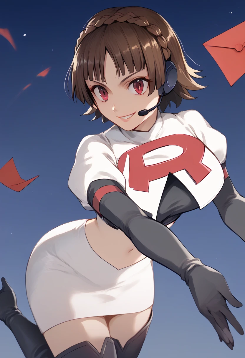 Team rocket, team rocket uniform, red letter R, white skirt,white crop top,black thigh-high boots, black elbow gloves, evil smile, night sky background, headset, large breasts, high-heeled boots, Makoto niijima, brown hair, crown braid