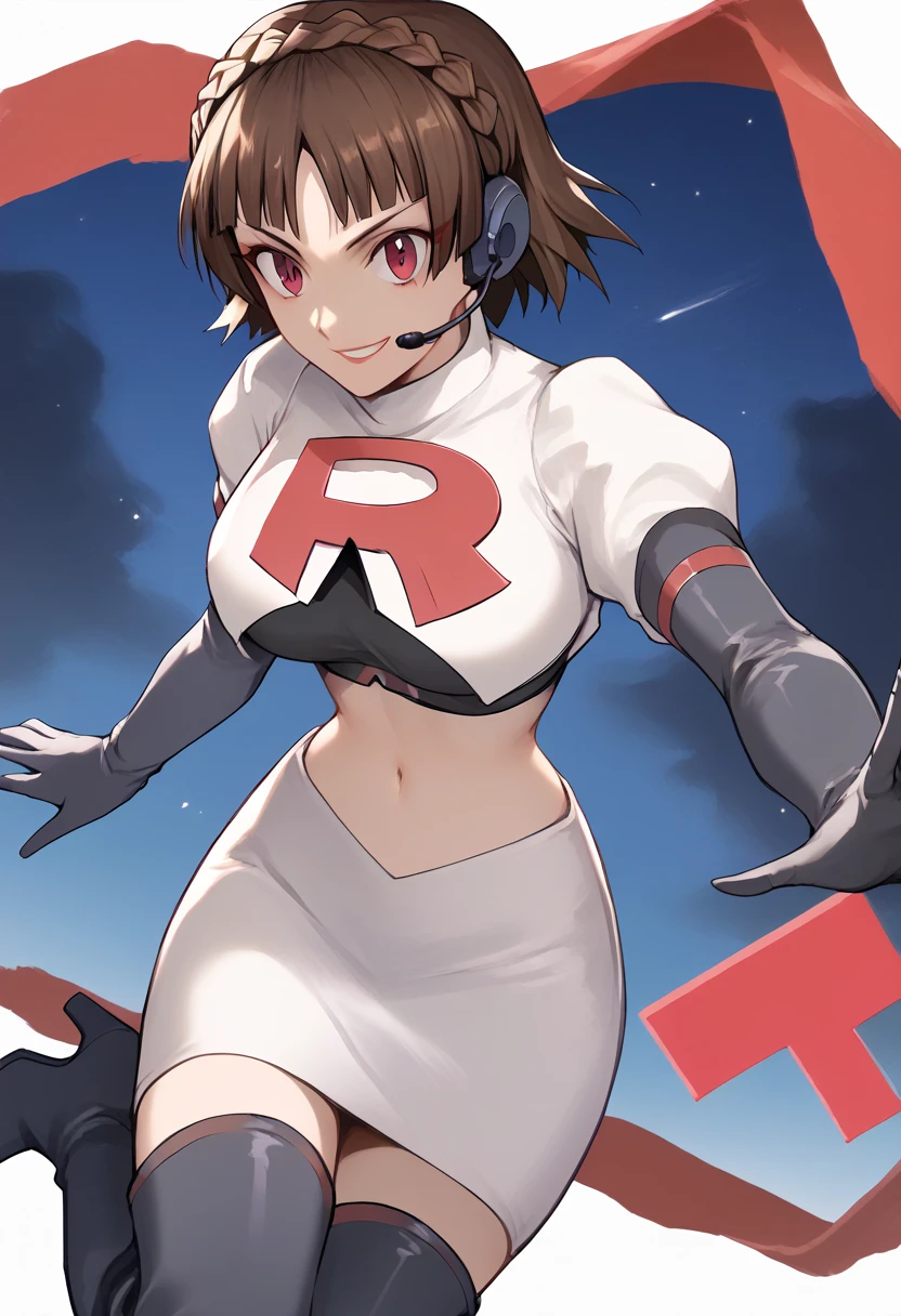 Team rocket, team rocket uniform, red letter R, white skirt,white crop top,black thigh-high boots, black elbow gloves, evil smile, night sky background, headset, large breasts, high-heeled boots, Makoto niijima, brown hair, crown braid